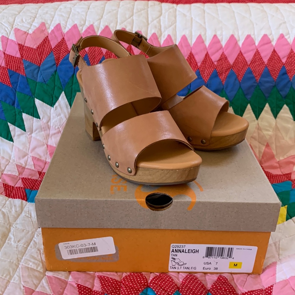 Korks by Kork-Ease Annaleigh Tan Leather Wood Platform Clog Sz 7